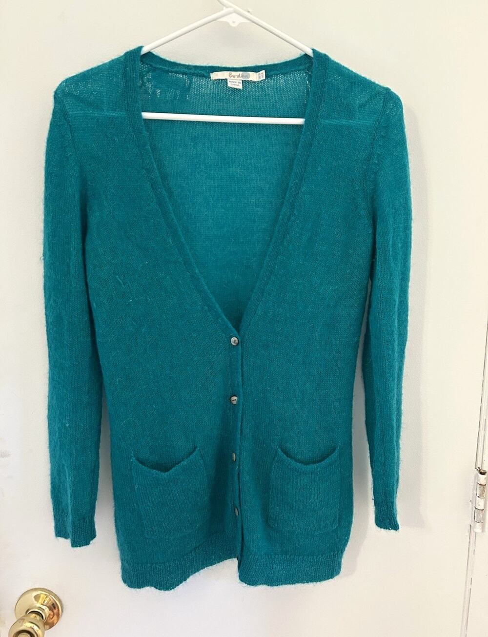 Boden Teal Mohair Wool Blend Knit V-Neck Button Cardigan Pockets Size 6